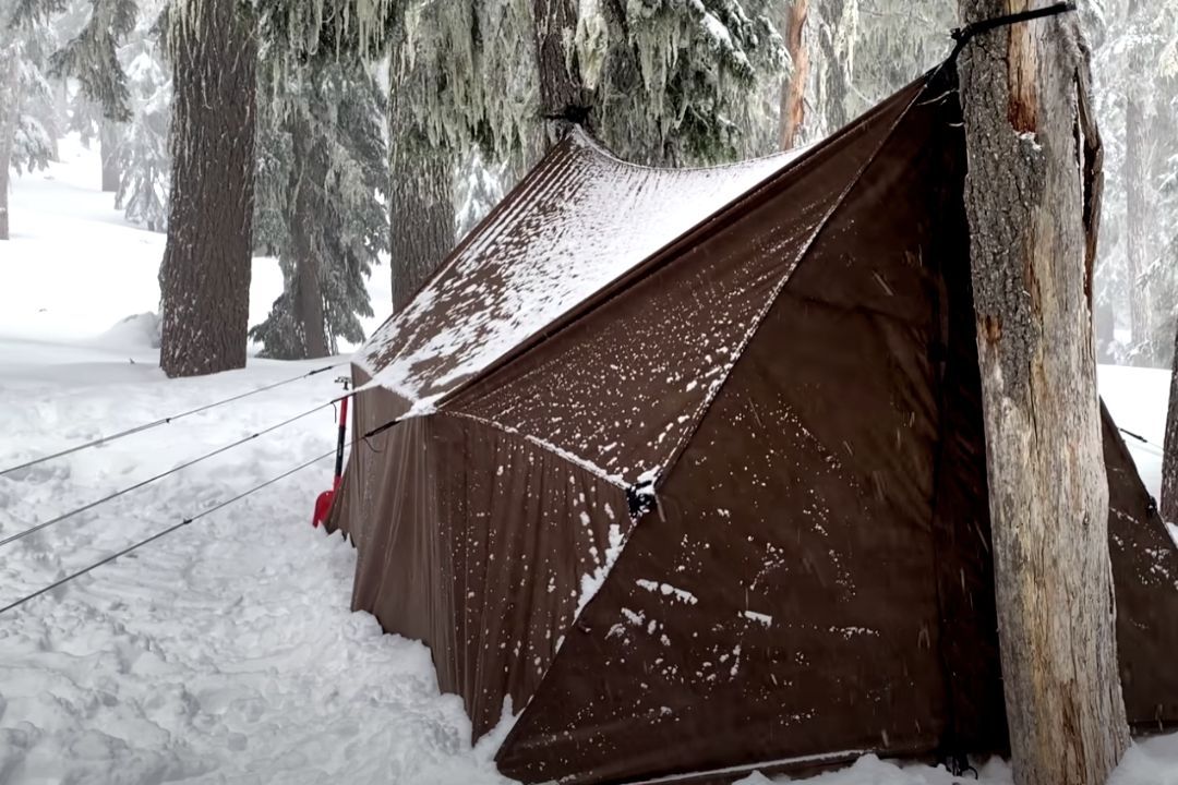 Camping in Winter in an One Tigris Tent With a Hammock Inside.