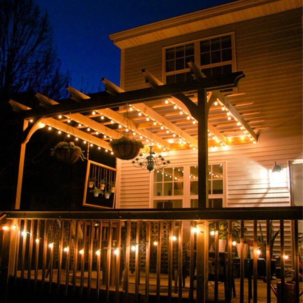 string lights on a porch