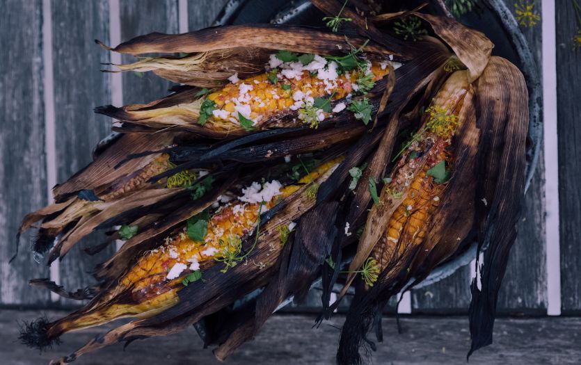 Corn grilled in a stove pipe oven