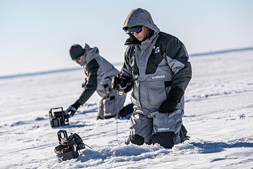 Ice anglers wearing striker bibs and jackets