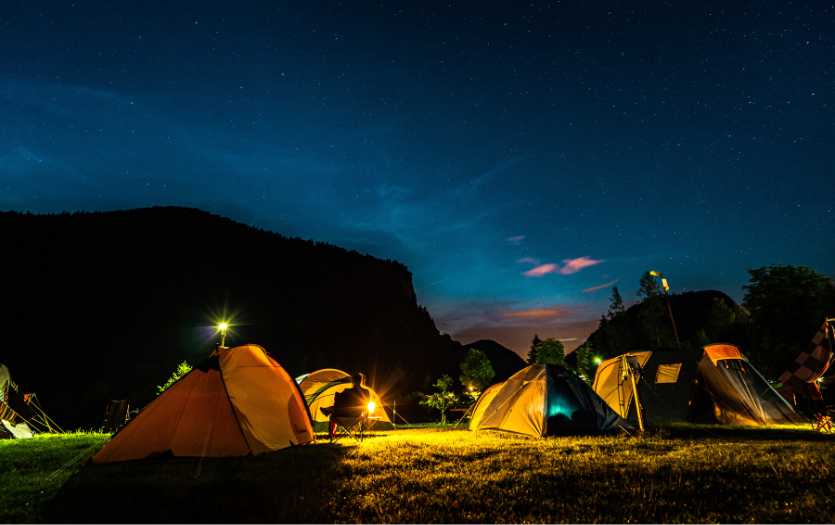 A peaceful campsite at night