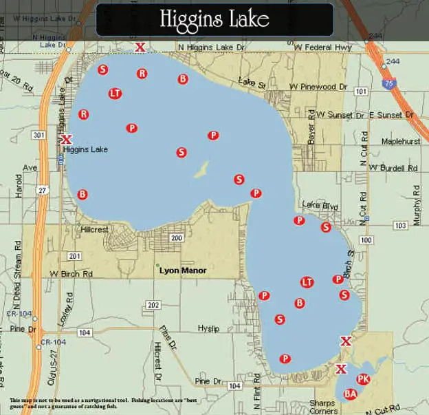 Fishing Map of Higgins Lake