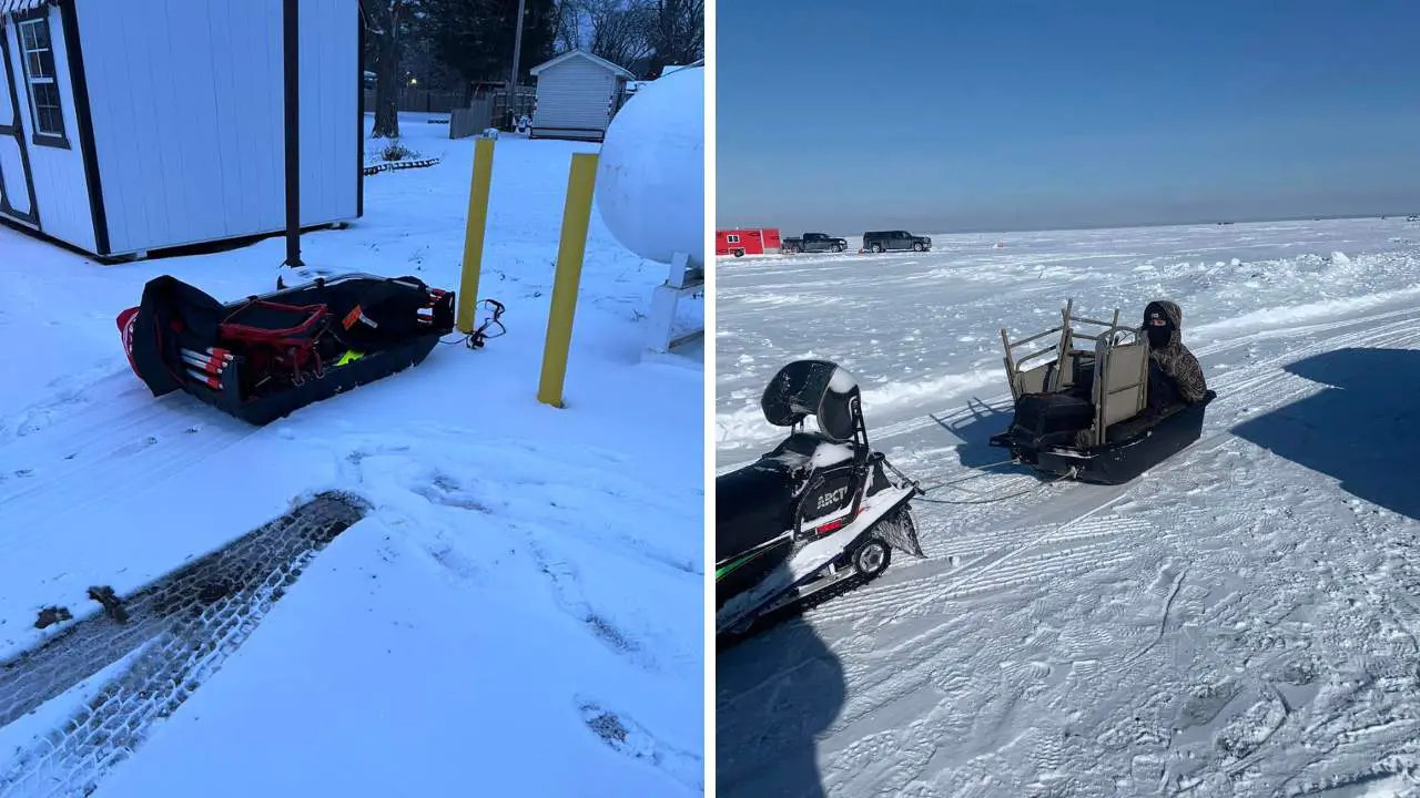 Ice Fishing sled being drawn across Lake Mille Lacs 